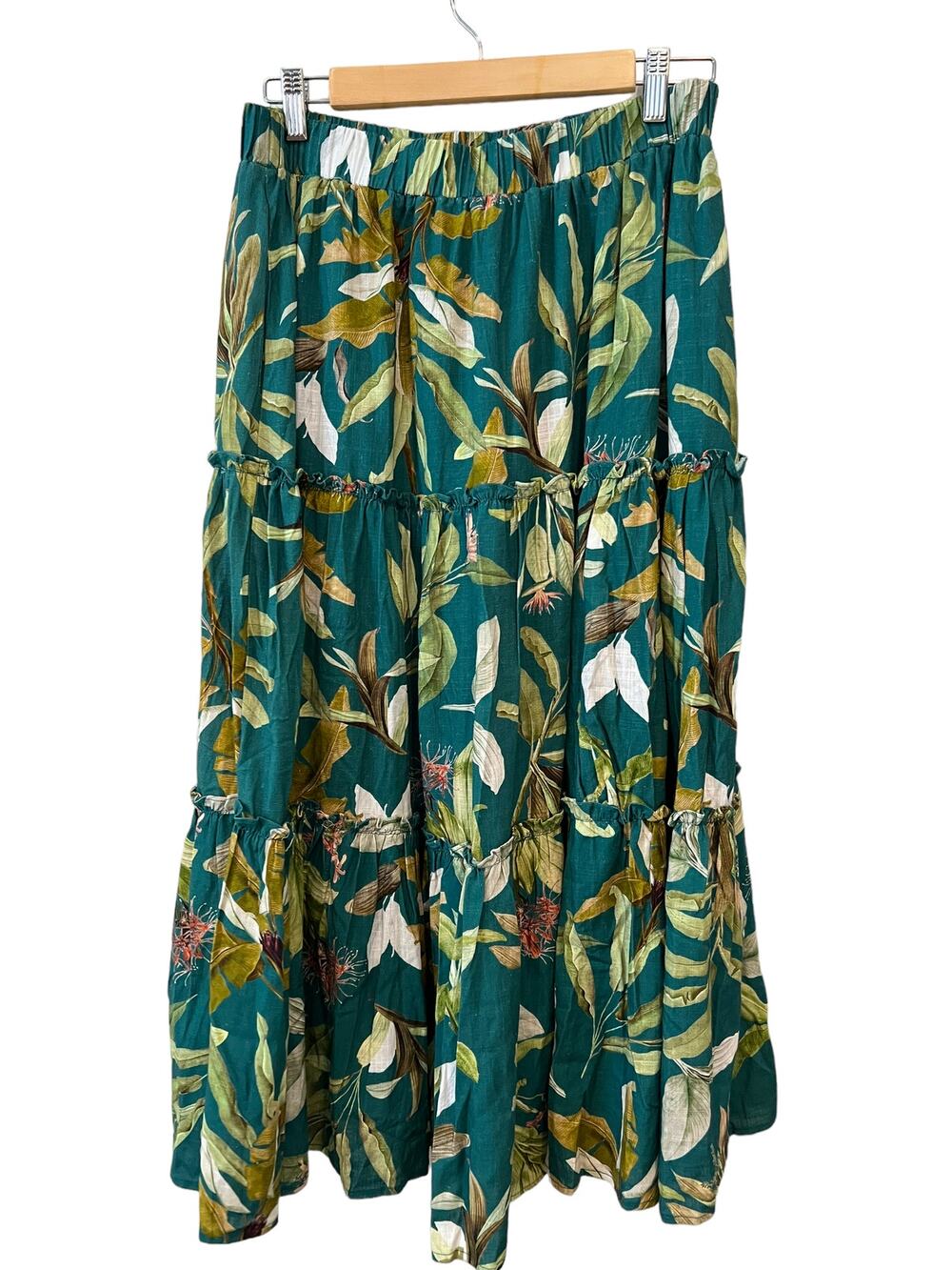 Revolve OPT One Pretty Time green tropical print tiered maxi skirt XL